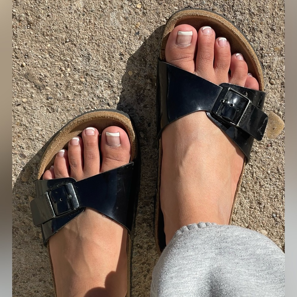 Birkenstock Madrid Black Patent Glossy Shiny Leather Slip On Buckle Sandals